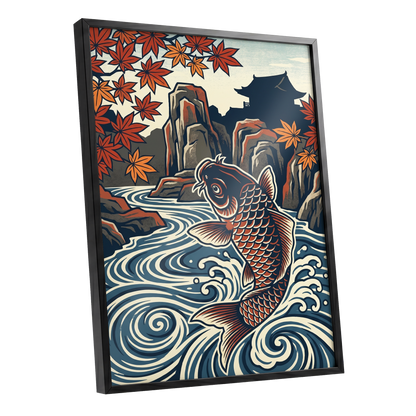 Koi in Autumn Currents, blue, beige, red nature wall art shown as a black framed poster wall art print