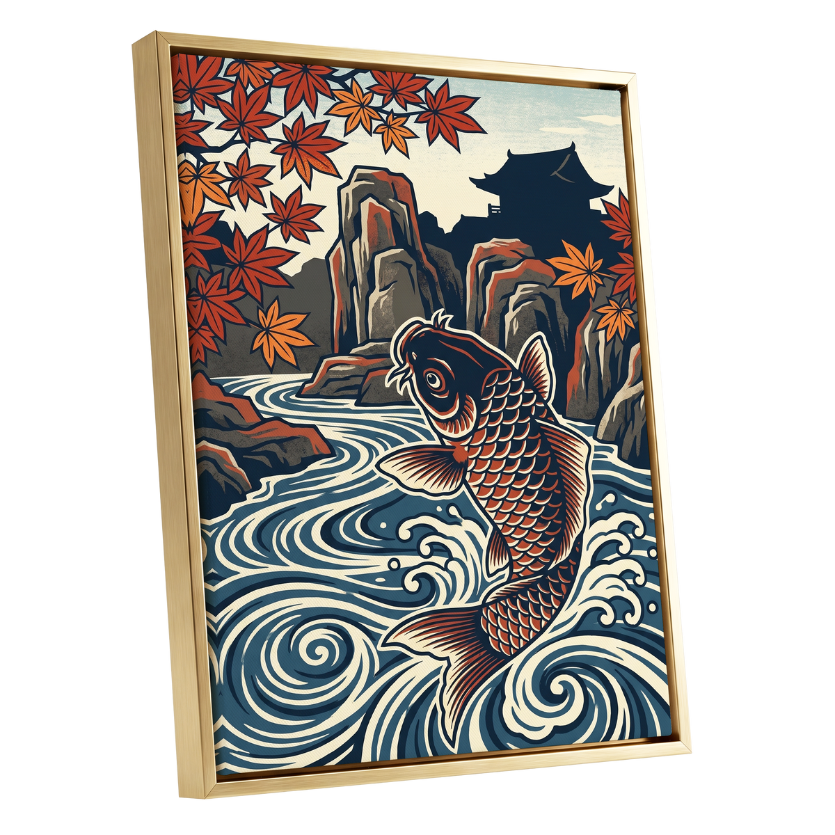 Koi in Autumn Currents, blue, beige, red nature wall art shown as a gold framed canvas wall art