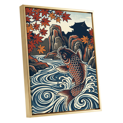 Koi in Autumn Currents, blue, beige, red nature wall art shown as a gold framed canvas wall art