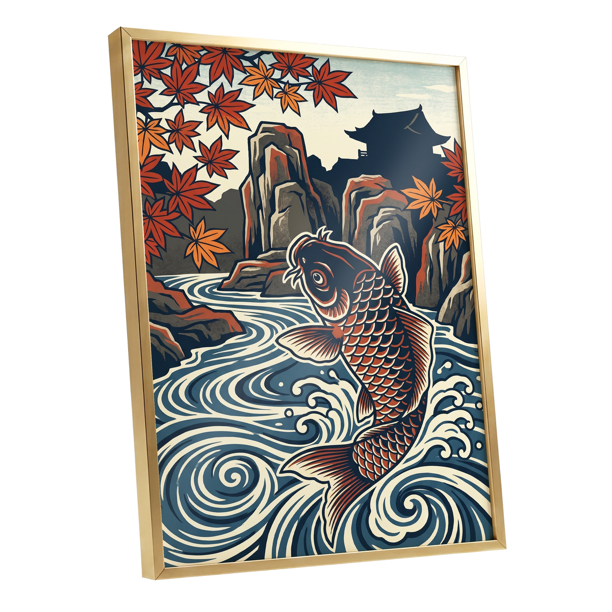 Koi in Autumn Currents, blue, beige, red nature wall art shown as a gold framed poster wall art print