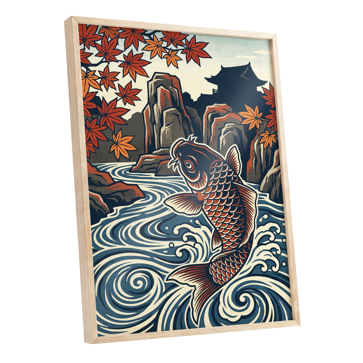 Koi in Autumn Currents, blue, beige, red nature wall art shown as a oak framed poster wall art print