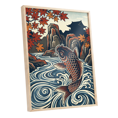 Koi in Autumn Currents, blue, beige, red nature wall art shown as a oak framed poster wall art print