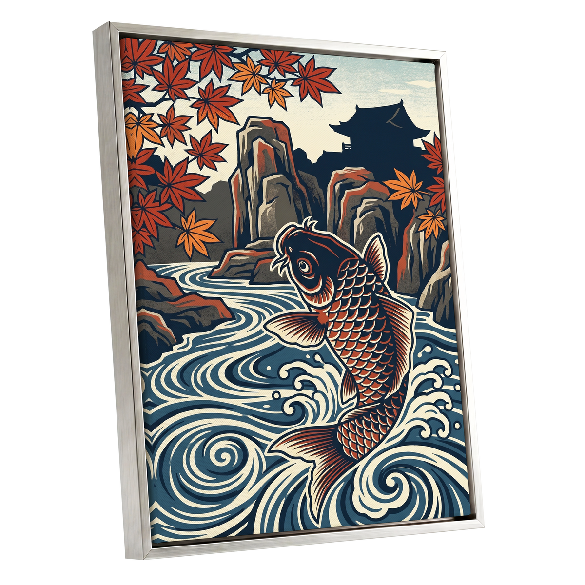 Koi in Autumn Currents, blue, beige, red nature wall art shown as a silver framed canvas wall art