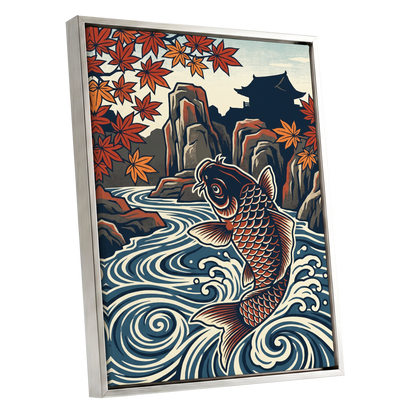 Koi in Autumn Currents, blue, beige, red nature wall art shown as a silver framed canvas wall art
