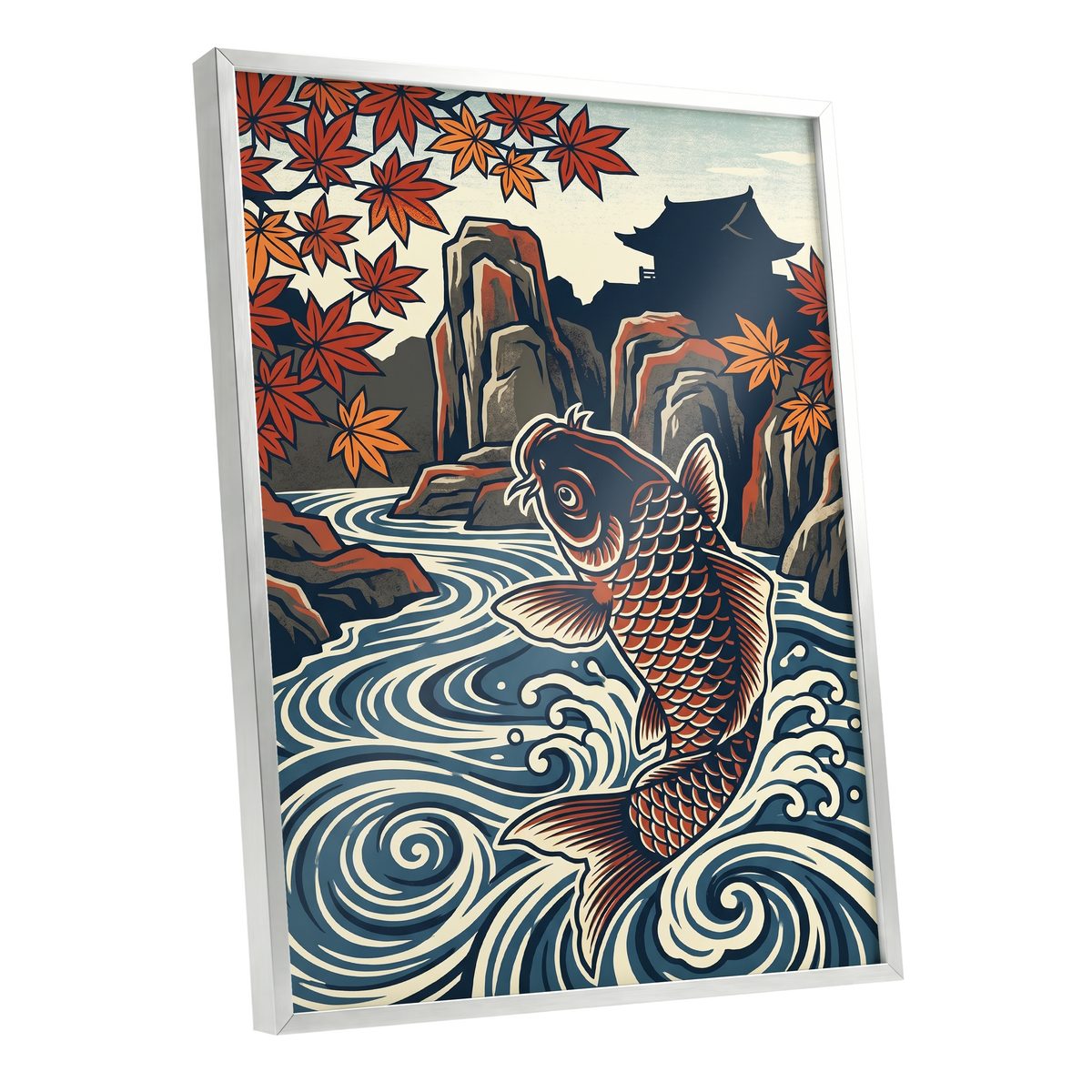 Koi in Autumn Currents, blue, beige, red nature wall art shown as a silver framed poster wall art print