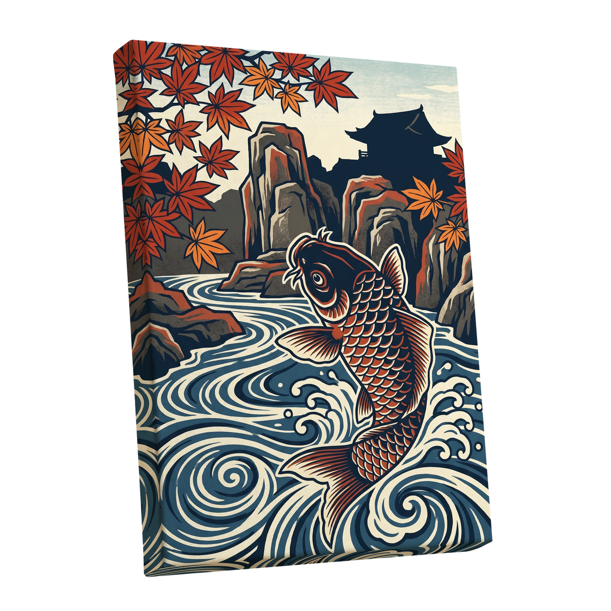 Koi in Autumn Currents, blue, beige, red nature wall art shown as a stretched canvas wall art