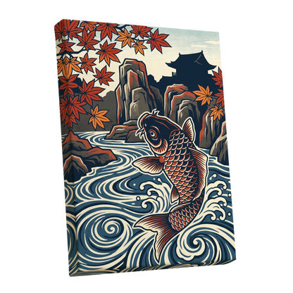 Koi in Autumn Currents, blue, beige, red nature wall art shown as a stretched canvas wall art