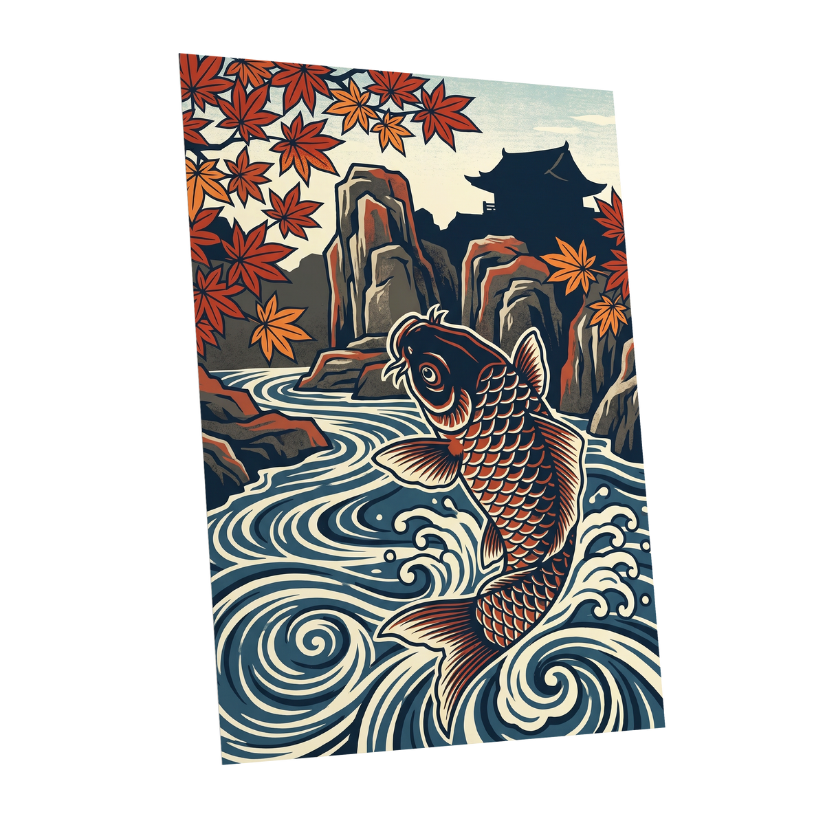 Koi in Autumn Currents, blue, beige, red nature wall art shown as a unframed poster wall art print