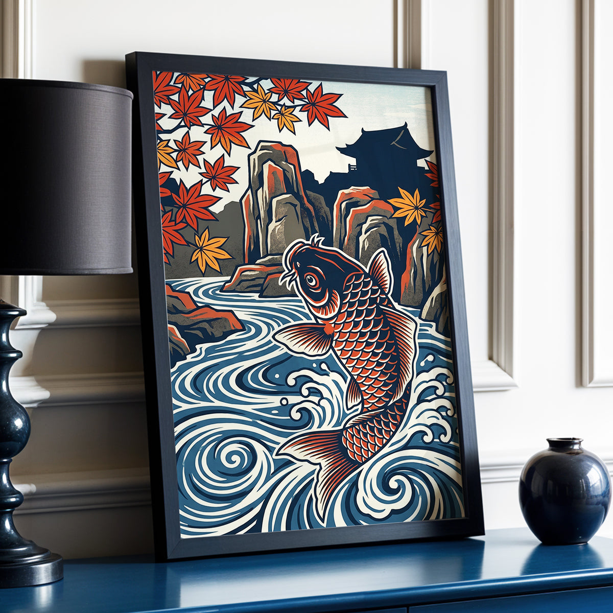 Koi in Autumn Currents, blue, beige, red nature wall art displayed in a styled interior, gallery view 2