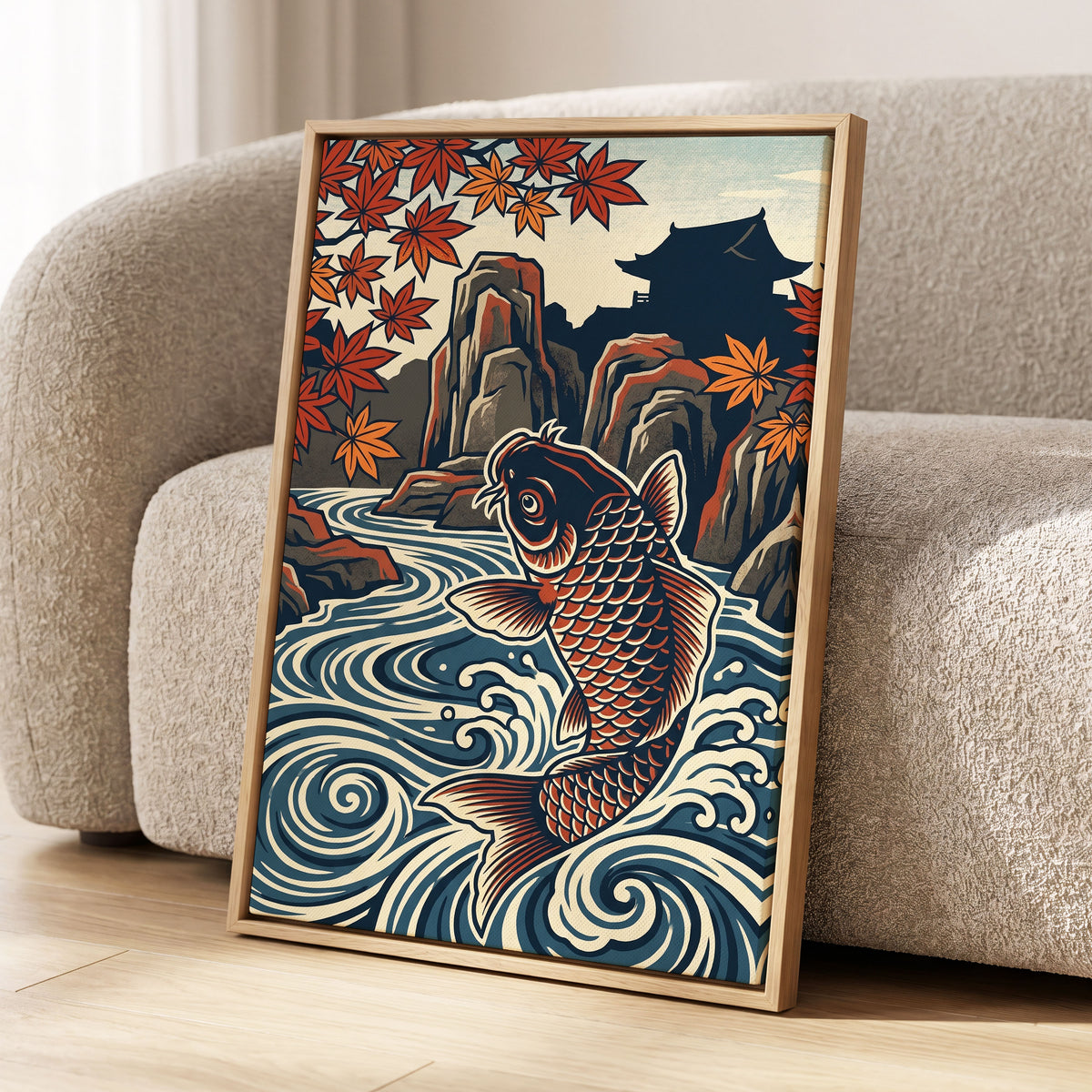 Koi in Autumn Currents, blue, beige, red nature wall art displayed in a styled interior, gallery view 4