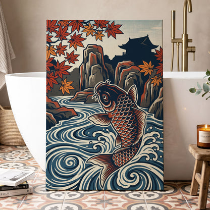Koi in Autumn Currents, blue, beige, red nature wall art displayed in a styled interior, gallery view 7