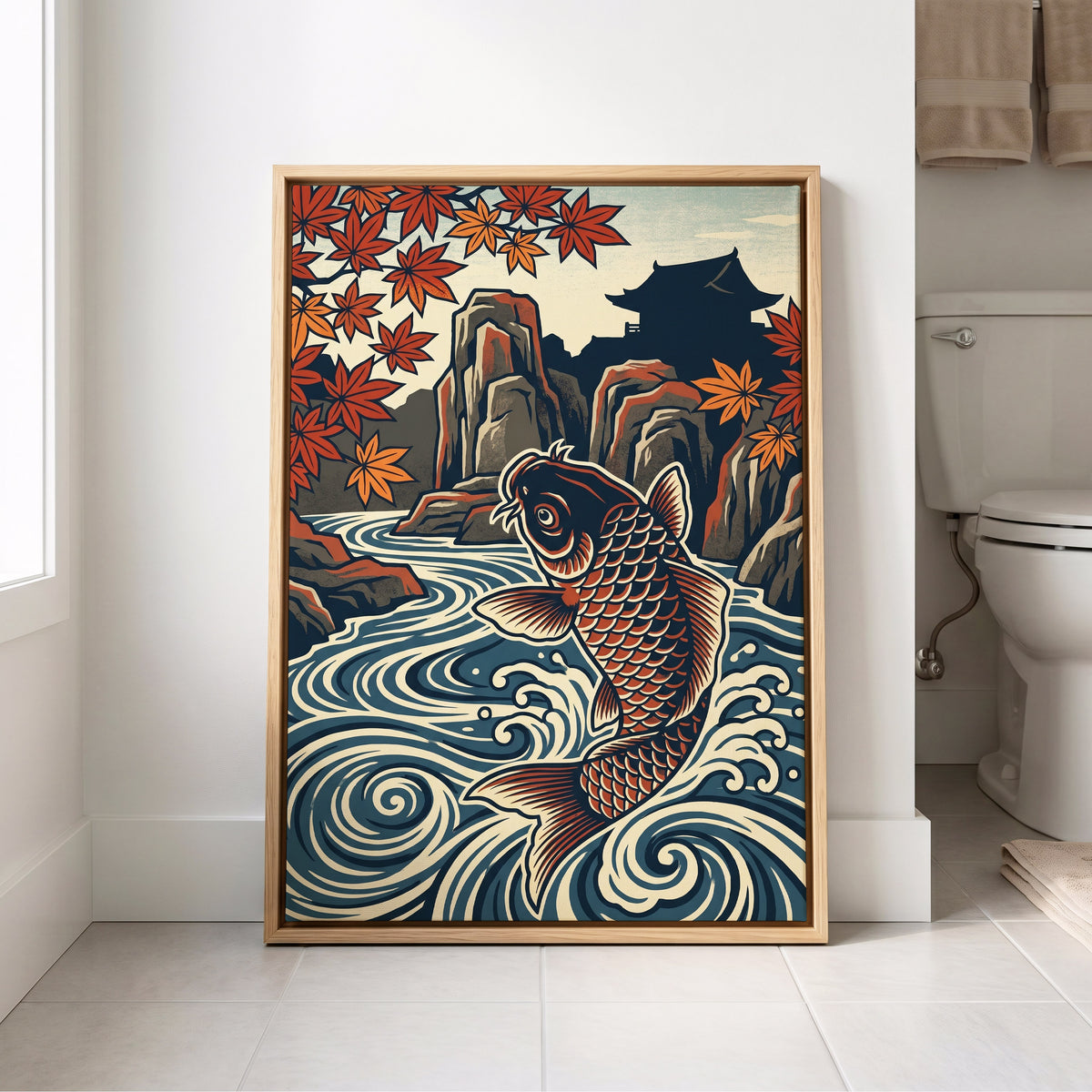 Koi in Autumn Currents, blue, beige, red nature wall art displayed in a styled interior, gallery view 8