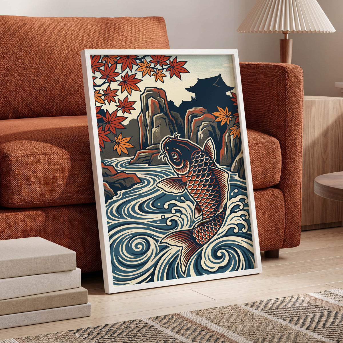 Koi in Autumn Currents, blue, beige, red nature wall art displayed in a styled interior, gallery view 9