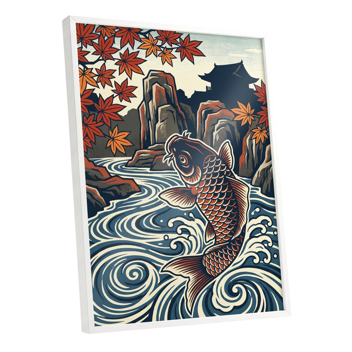 Koi in Autumn Currents, blue, beige, red nature wall art shown as a white framed poster wall art print