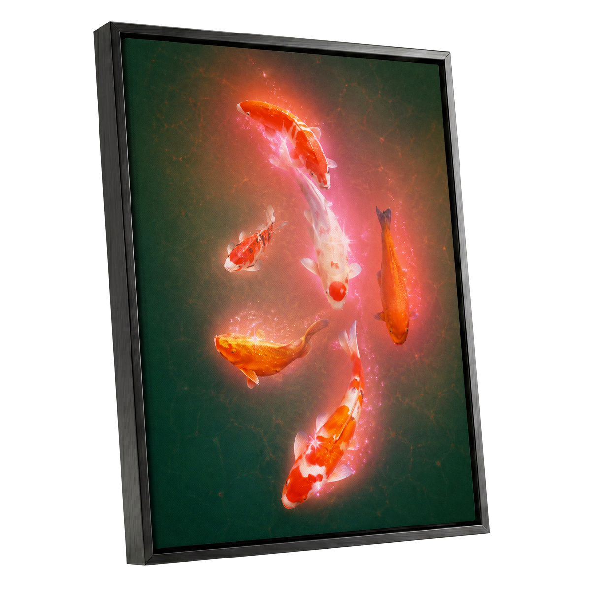 Koi in Coral Light, green, orange, white nature wall art shown as a black framed canvas wall art