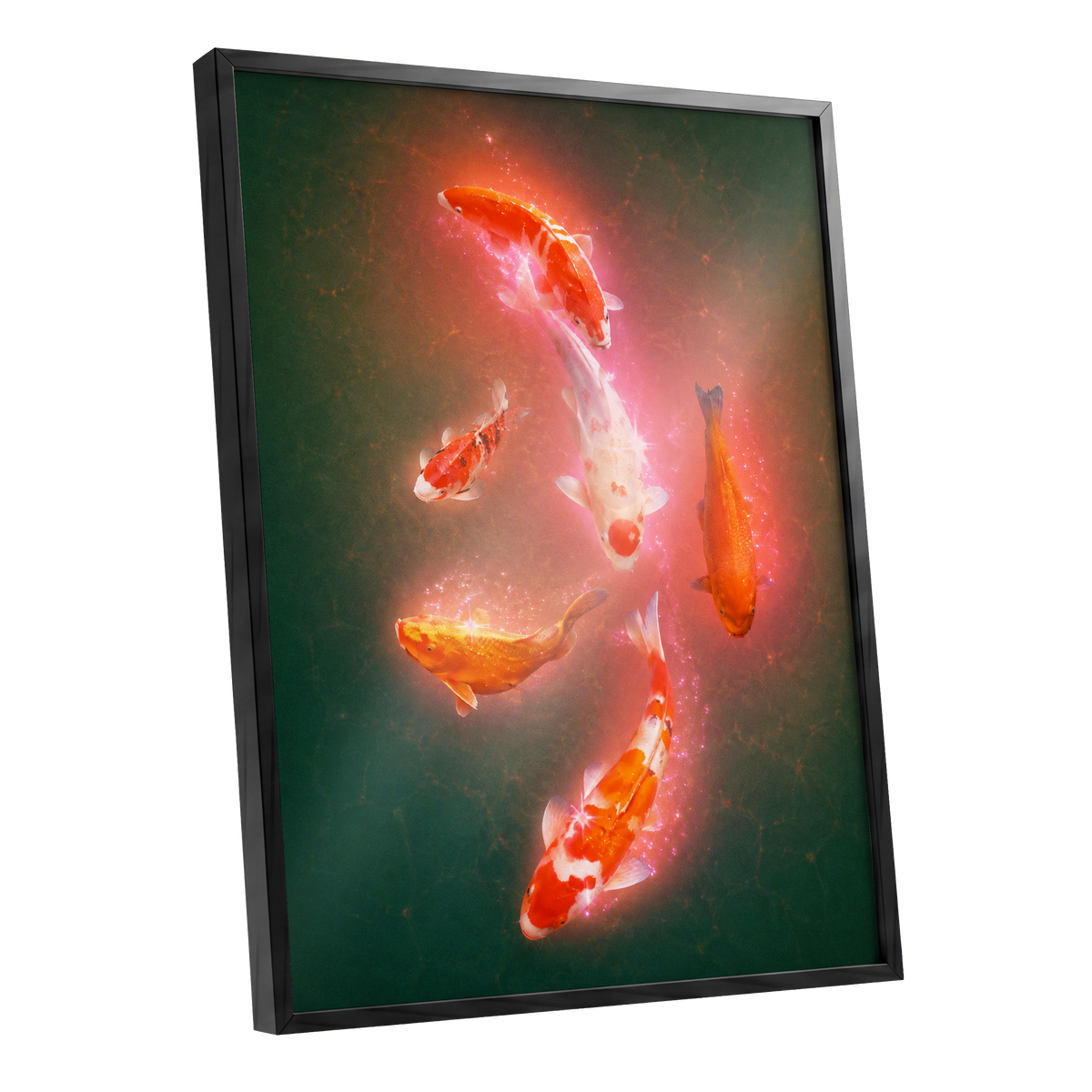 Koi in Coral Light, green, orange, white nature wall art shown as a black framed poster wall art print