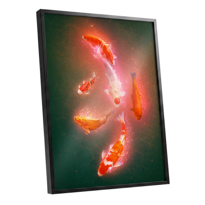 Koi in Coral Light, green, orange, white nature wall art shown as a black framed poster wall art print