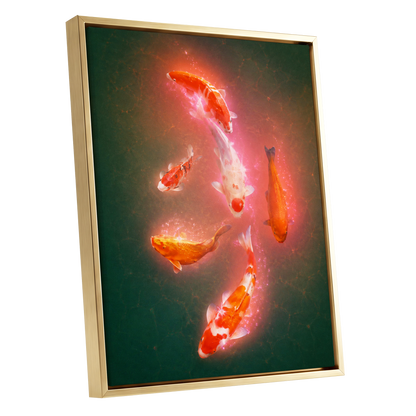 Koi in Coral Light, green, orange, white nature wall art shown as a gold framed canvas wall art