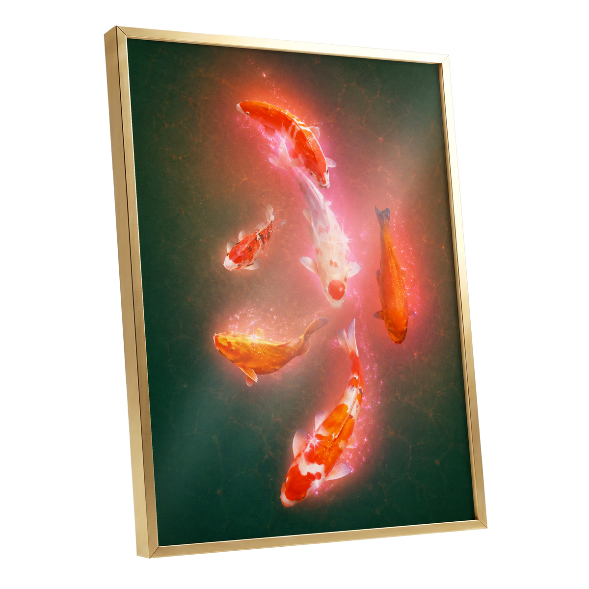 Koi in Coral Light, green, orange, white nature wall art shown as a gold framed poster wall art print