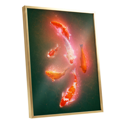 Koi in Coral Light, green, orange, white nature wall art shown as a gold framed poster wall art print