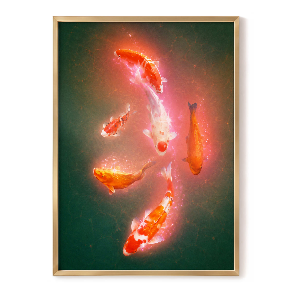 Koi in Coral Light, green, orange, white nature wall art, front artwork view