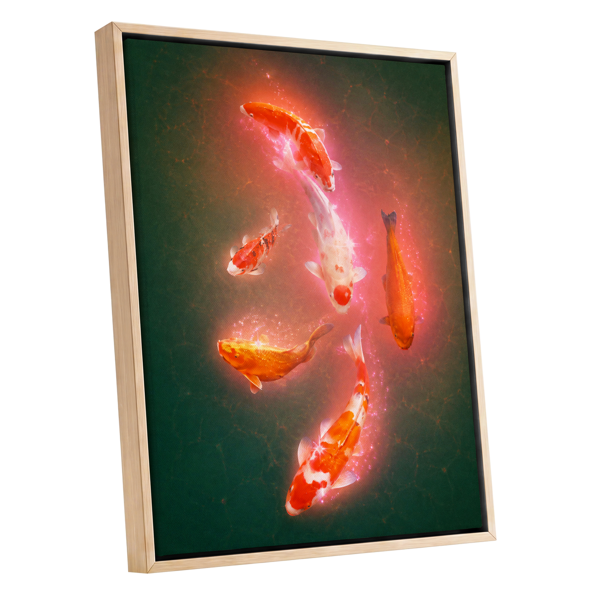 Koi in Coral Light, green, orange, white nature wall art shown as a oak framed canvas wall art