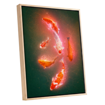 Koi in Coral Light, green, orange, white nature wall art shown as a oak framed canvas wall art