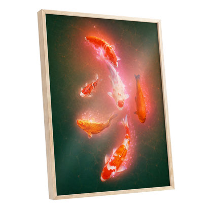 Koi in Coral Light, green, orange, white nature wall art shown as a oak framed poster wall art print