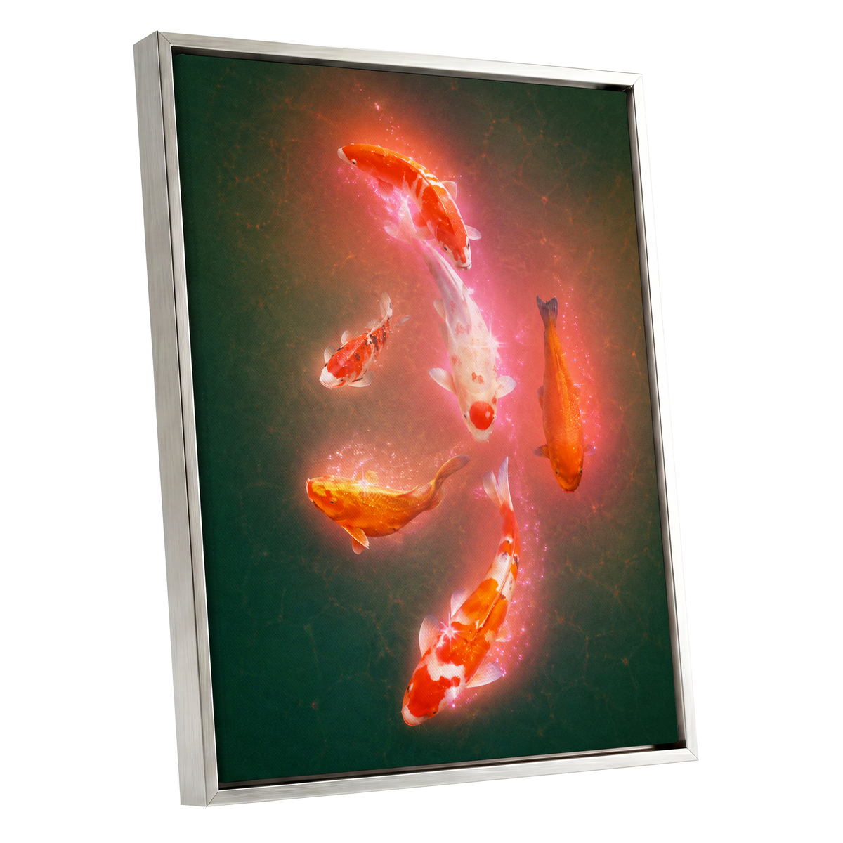 Koi in Coral Light, green, orange, white nature wall art shown as a silver framed canvas wall art