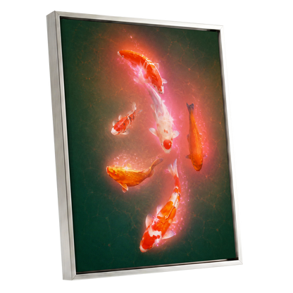 Koi in Coral Light, green, orange, white nature wall art shown as a silver framed canvas wall art