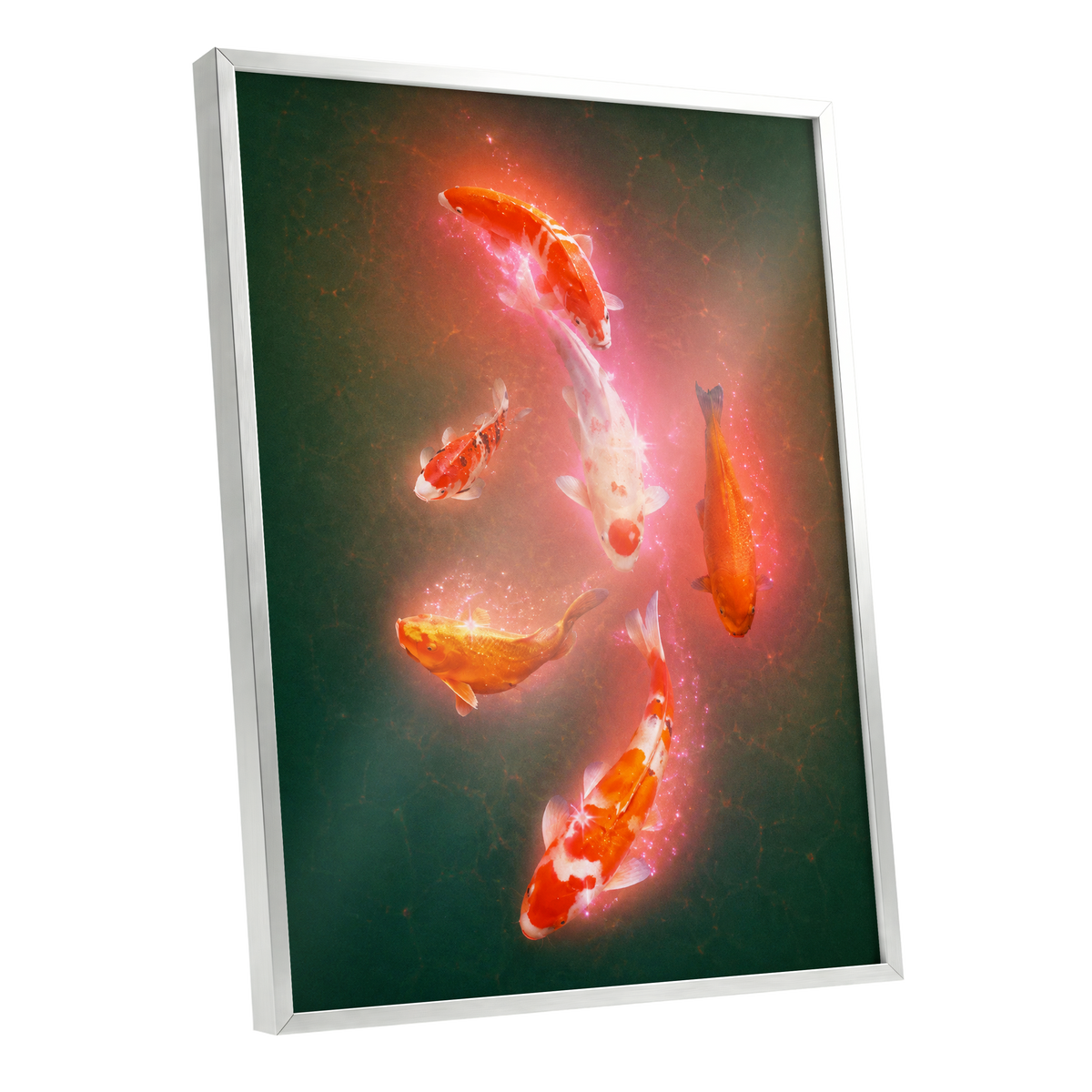 Koi in Coral Light, green, orange, white nature wall art shown as a silver framed poster wall art print