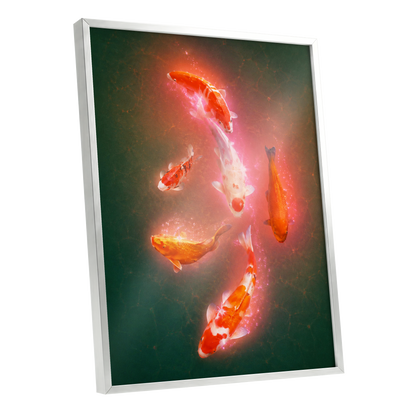 Koi in Coral Light, green, orange, white nature wall art shown as a silver framed poster wall art print