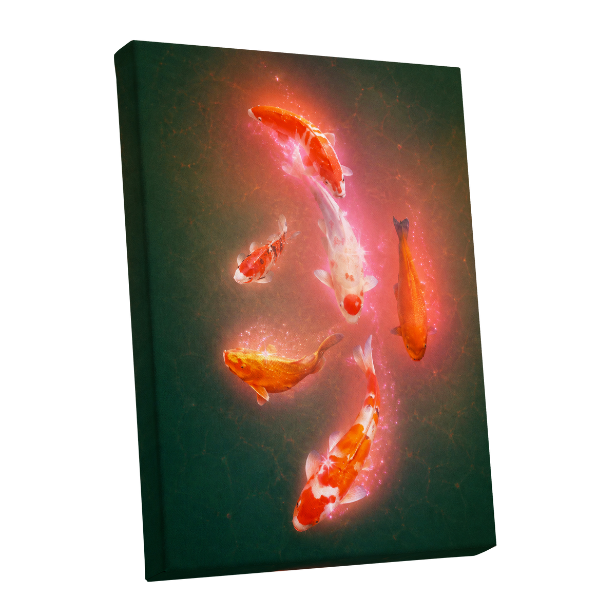 Koi in Coral Light, green, orange, white nature wall art shown as a stretched canvas wall art