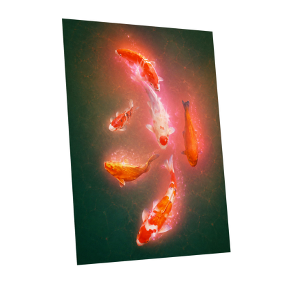 Koi in Coral Light, green, orange, white nature wall art shown as a unframed poster wall art print