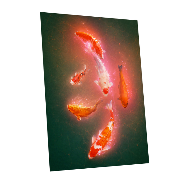 Koi in Coral Light, green, orange, white nature wall art shown as a unframed poster wall art print