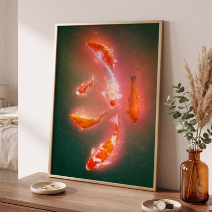 Koi in Coral Light, green, orange, white nature wall art displayed in a styled interior, gallery view 2