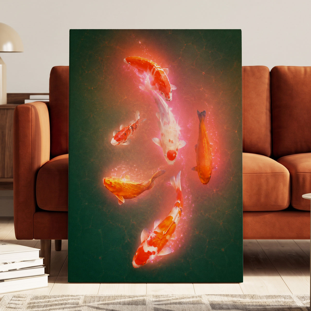 Koi in Coral Light, green, orange, white nature wall art displayed in a styled interior, gallery view 3