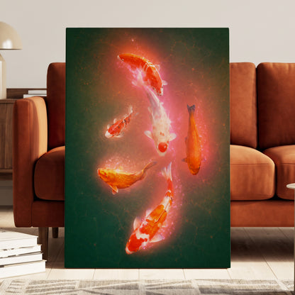 Koi in Coral Light, green, orange, white nature wall art displayed in a styled interior, gallery view 3