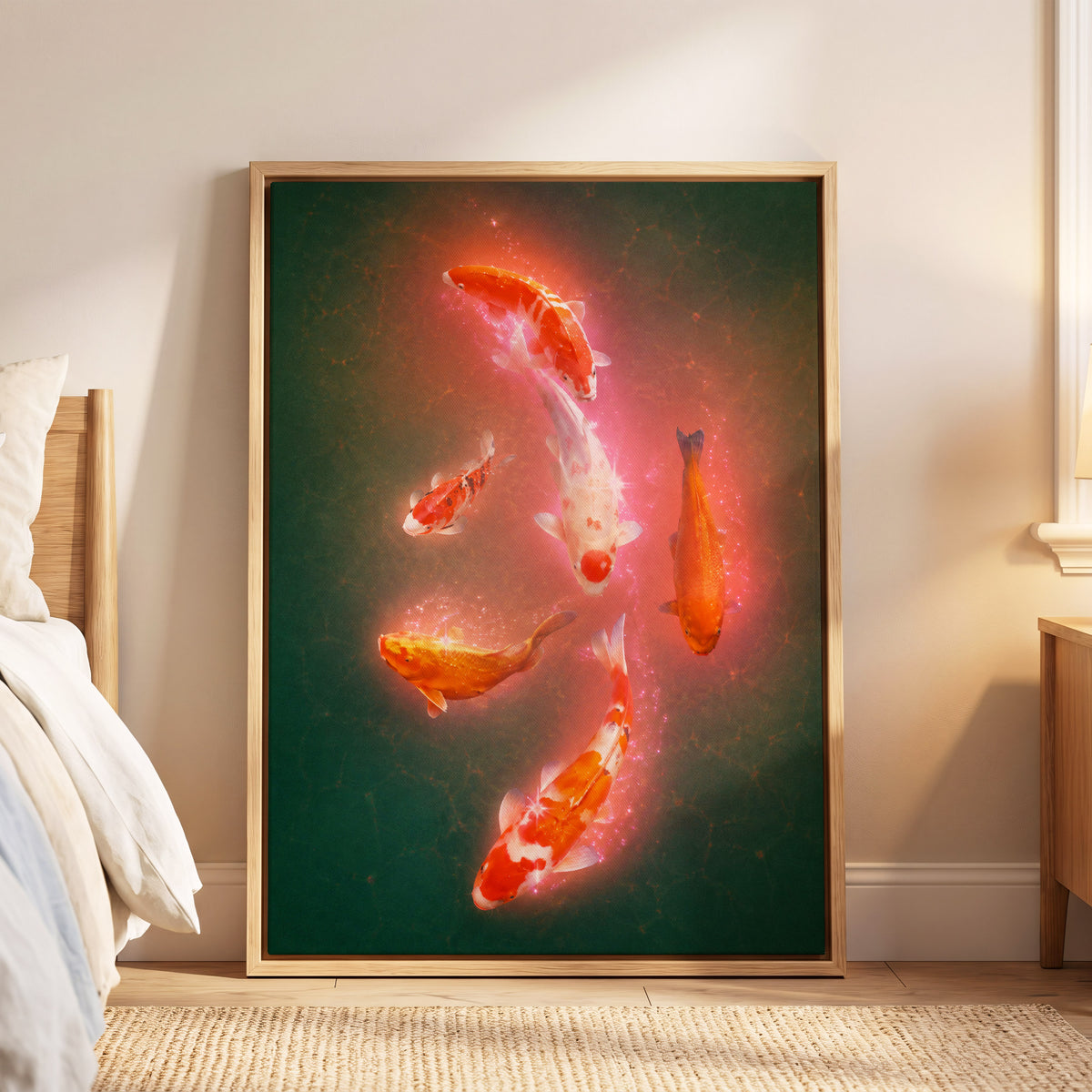 Koi in Coral Light, green, orange, white nature wall art displayed in a styled interior, gallery view 4