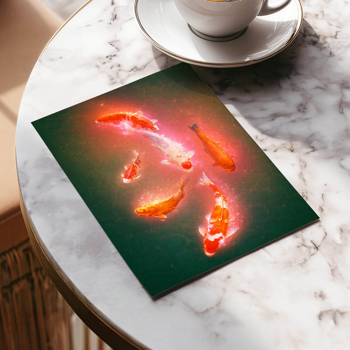 Koi in Coral Light, green, orange, white nature wall art displayed in a styled interior, gallery view 5