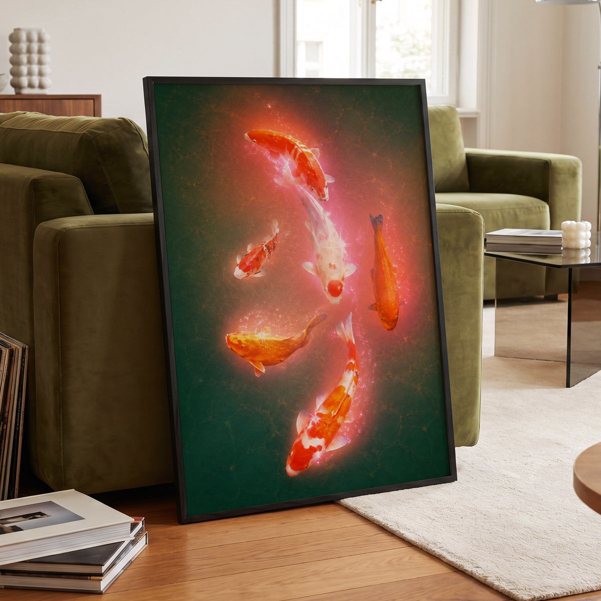 Koi in Coral Light, green, orange, white nature wall art displayed in a styled interior, gallery view 6