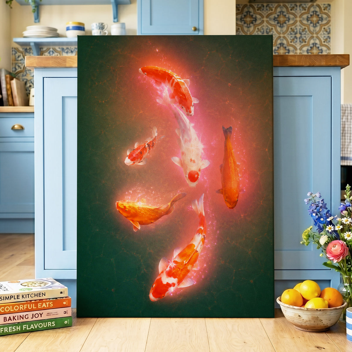 Koi in Coral Light, green, orange, white nature wall art displayed in a styled interior, gallery view 7