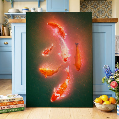 Koi in Coral Light, green, orange, white nature wall art displayed in a styled interior, gallery view 7