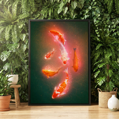 Koi in Coral Light, green, orange, white nature wall art displayed in a styled interior, gallery view 8
