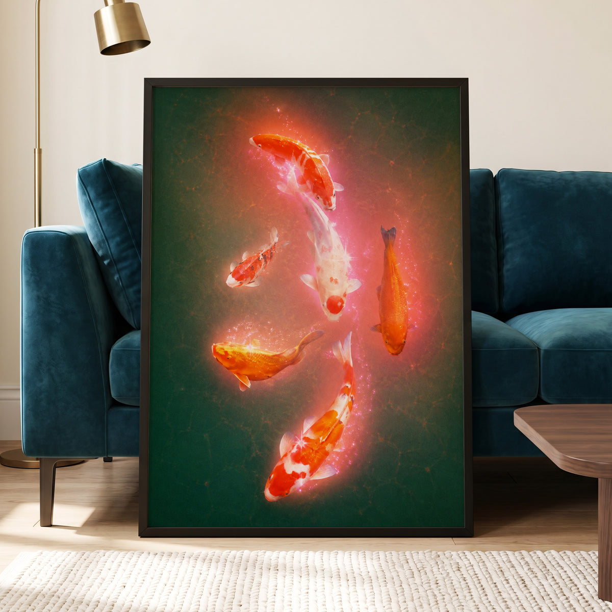 Koi in Coral Light, green, orange, white nature wall art displayed in a styled interior, gallery view 9