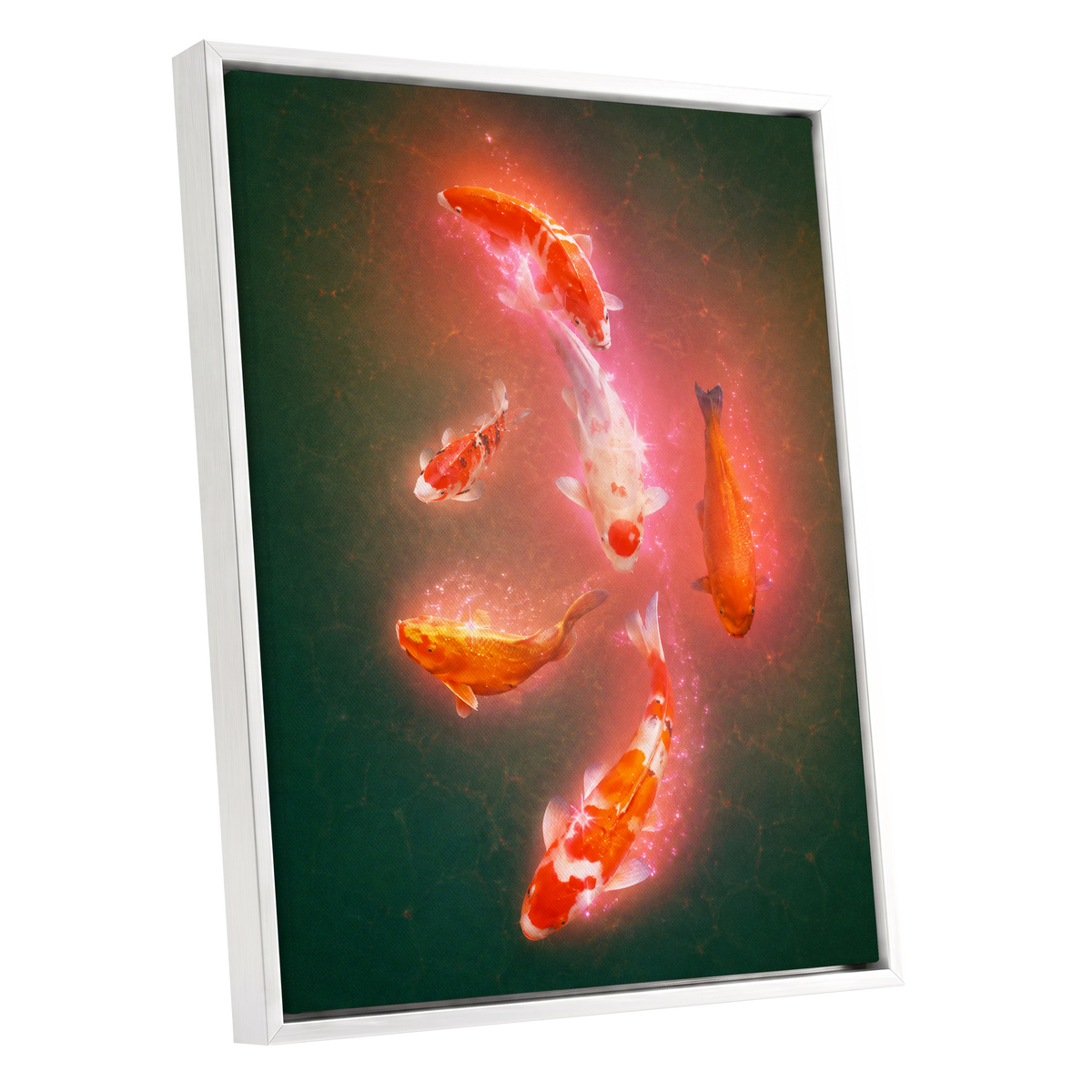 Koi in Coral Light, green, orange, white nature wall art shown as a white framed canvas wall art