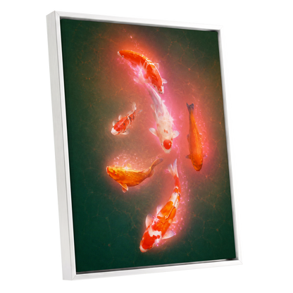 Koi in Coral Light, green, orange, white nature wall art shown as a white framed canvas wall art