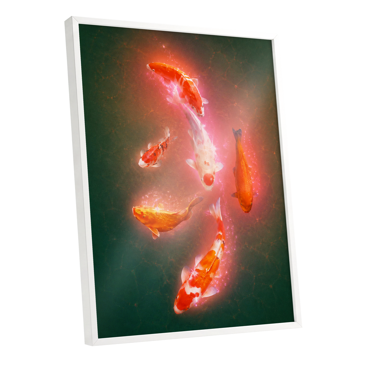 Koi in Coral Light, green, orange, white nature wall art shown as a white framed poster wall art print