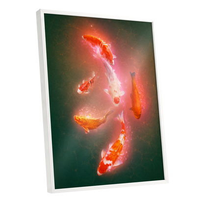 Koi in Coral Light, green, orange, white nature wall art shown as a white framed poster wall art print