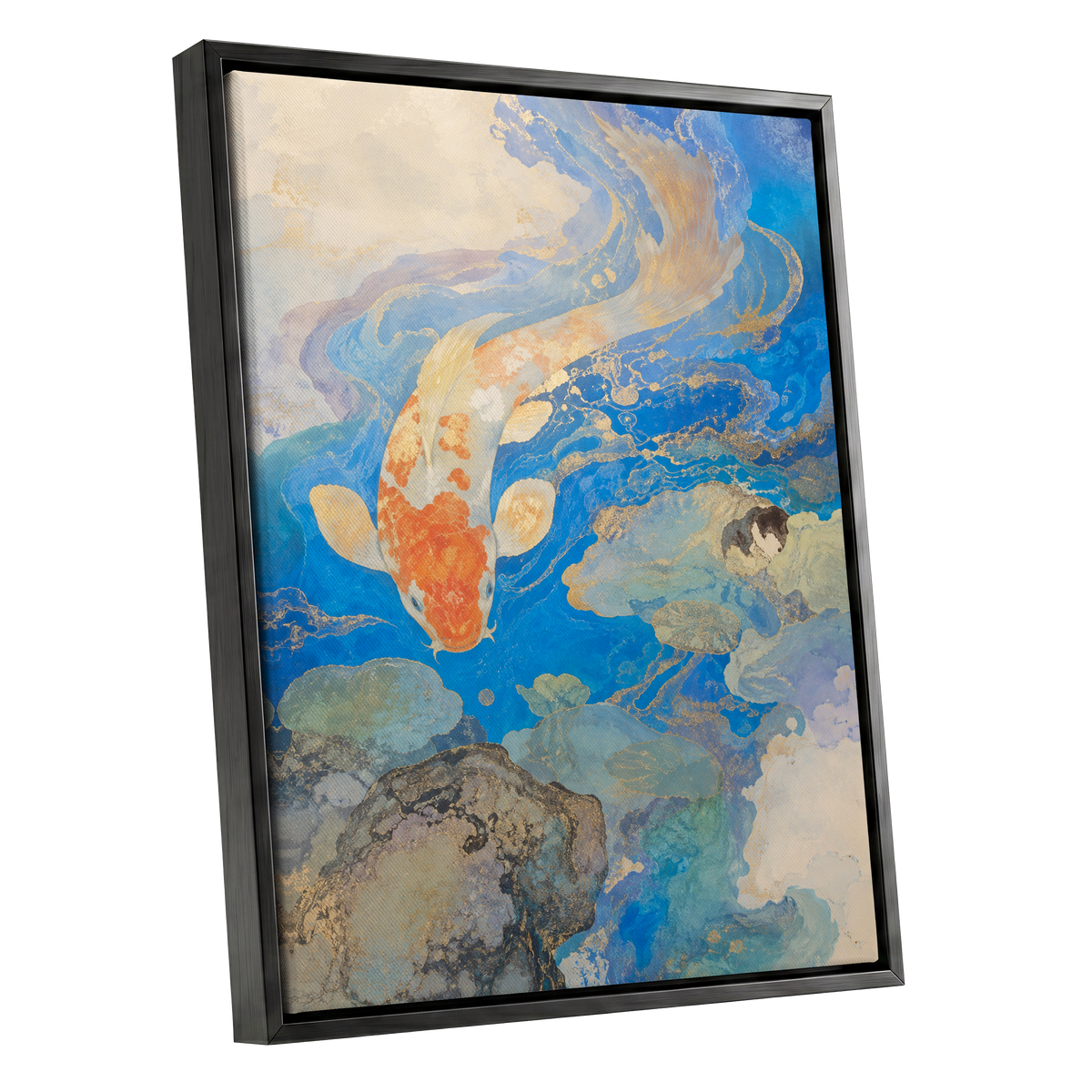 Koi in Gilded Currents, blue, orange, beige nature wall art shown as a black framed canvas wall art